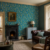 Blue floral wallpaper in a snug, Tiny Tulip Azure by OHPOPSI, with joinery painted in Blue Steele