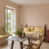 Pink floral wallpaper in a garden room, Tiny Tulip Blush by OHPOPSI, with joinery painted in Red Clover