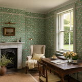 Green floral wallpaper in a morning room, Tiny Tulip Forest by OHPOPSI, with joinery painted in Green Shop