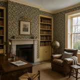 Blue floral wallpaper in a library, Tiny Tulip Midnight by OHPOPSI, with joinery painted in Pure Sunshine