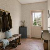 Neutral floral wallpaper in a boot room, Tiny Tulip Stone by OHPOPSI, with joinery painted in Love in the Mist