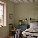Paintable textured wallpaper in a bedroom, Turner Tile RD80000, painted in Feather Moss