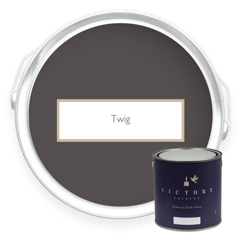 Two tins of Twig warm dark brown eco paint from Victory Colours