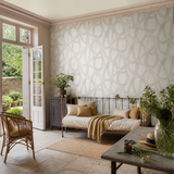 Grey geometric wallpaper in a garden room, Twisted Geo Silver by OHPOPSI, with joinery painted in Twig