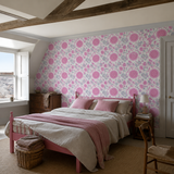 Pink floral wallpaper in a bedroom, Velina Pink Peony by Olenka, with joinery painted in Pink Kiss