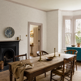 Grey botanical wallpaper in a dining room, Venation Mini Dove by OHPOPSI, with joinery painted in Queen's Fisher