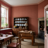 Terracotta botanical wallpaper in a kitchen, Venation Rust by OHPOPSI, with joinery painted in Penally Pink