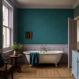 Teal botanical wallpaper in a bathroom, Venation Teal by OHPOPSI, with joinery painted in Blue Steele