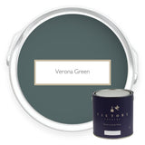 Two tins of Verona Green deep green eco paint from Victory Colours