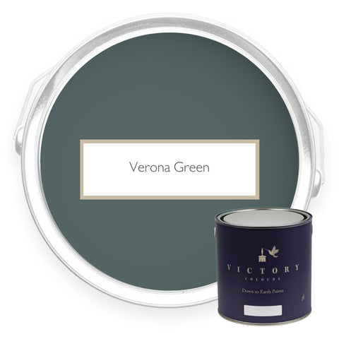 Two tins of Verona Green deep green eco paint from Victory Colours