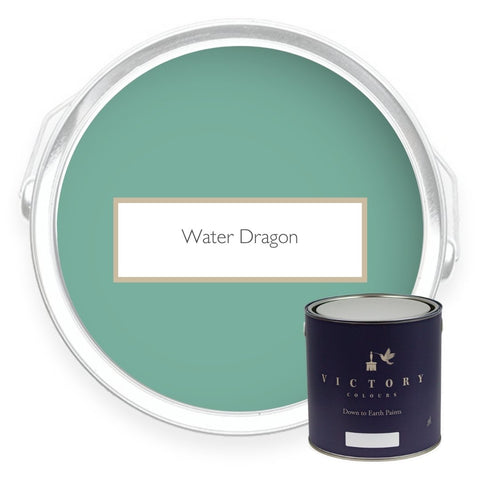 Two tins of Water Dragon turquoise green eco paint from Victory Colours