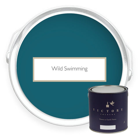 Two tins of Wild Swimming deep teal eco paint from Victory Colours