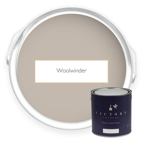 Two tins of Woolwinder greige eco paint from Victory Colours