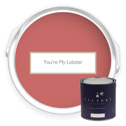 Two tins of You're My Lobster coral pink eco paint from Victory Colours