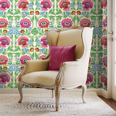 Alice Meadow green and pink floral wallpaper Olenka design