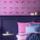 Alice Tea Rose wallpaper with Blueberry Tart blue paint bedroom