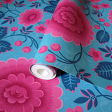 Velina Tropical bright blue and pink floral wallpaper from Olenka Design close up roll image