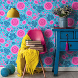 Velina Tropical bright blue and pink floral wallpaper from Olenka Design Living room image