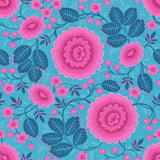 Velina Tropical bright blue and pink floral wallpaper from Olenka Design close up image