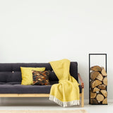 Gossamer White No. 13 Off With with grey and yellow tones Room shot with brown sofa Victory Colours Eco Paint 