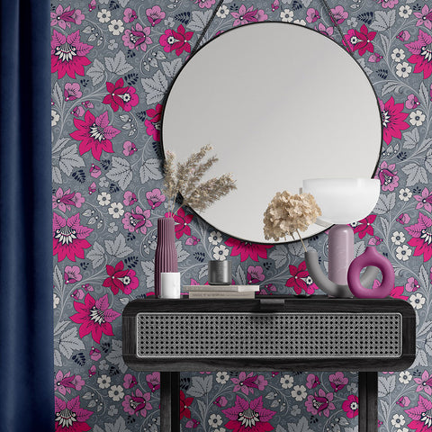 Milana Hot Pink and Grey floral wallpaper design from Olenka  living room image