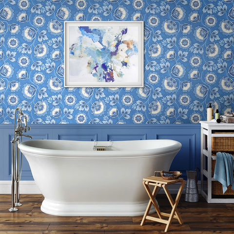 Neva Blue blue and white floral designer Wallpaper bathroom image