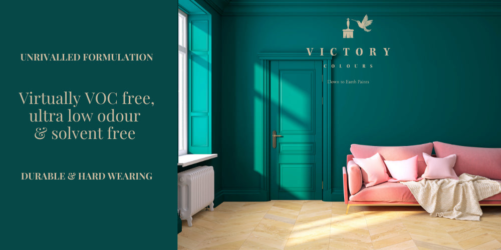 Victory Colours Low Odour, Virtually VOC Free, Solvent Free Paint Dabbling Duck Photo of living room with Pink Sofa